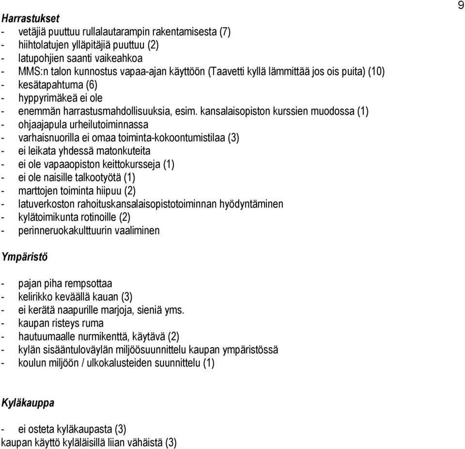 kansalaisopiston kurssien muodossa (1) - ohjaajapula urheilutoiminnassa - varhaisnuorilla ei omaa toiminta-kokoontumistilaa (3) - ei leikata yhdessä matonkuteita - ei ole vapaaopiston keittokursseja