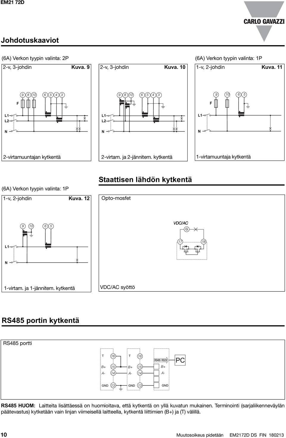 12 Staattisen lähdön kytkentä Opto-mosfet 9 10 6 5 VDC/AC 17 18 1-virtam. ja 1-jännitem.