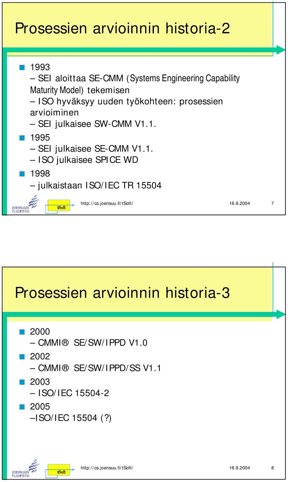 1. 1995 SEI julkaisee SE-CMM V1.1. ISO julkaisee SPICE WD 1998 julkaistaan ISO/IEC TR 15504 16.9.2004 7 Prosessien arvioinnin historia-3 2000 CMMI SE/SW/IPPD V1.