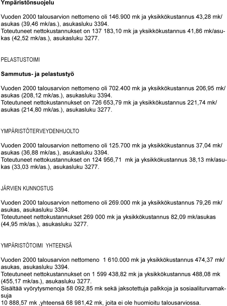 400 mk ja yksikkökustannus 206,95 mk/ asukas (208,12 mk/as.), asukasluku 3394. Toteutuneet nettokustannukset on 726 653,79 mk ja yksikkökustannus 221,74 mk/ asukas (214,80 mk/as.), asukasluku 3277.