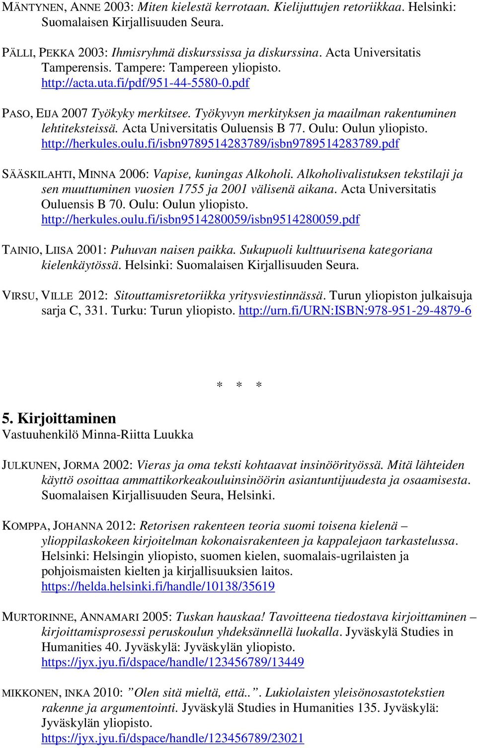 Acta Universitatis Ouluensis B 77. Oulu: Oulun yliopisto. http://herkules.oulu.fi/isbn9789514283789/isbn9789514283789.pdf SÄÄSKILAHTI, MINNA 2006: Vapise, kuningas Alkoholi.