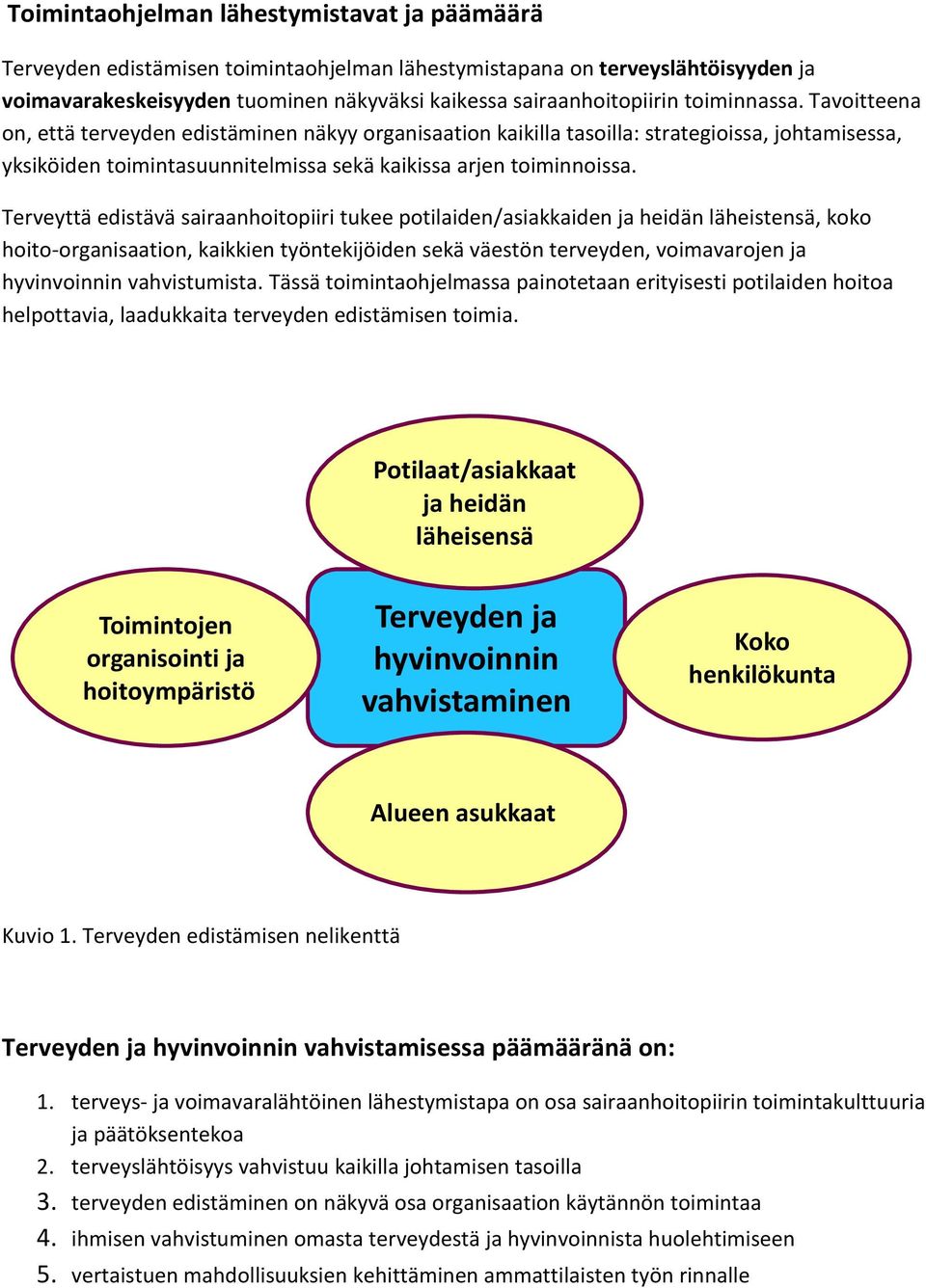 Terveyttä edistävä sairaanhoitopiiri tukee potilaiden/asiakkaiden ja heidän läheistensä, koko hoito-organisaation, kaikkien työntekijöiden sekä väestön terveyden, voimavarojen ja hyvinvoinnin