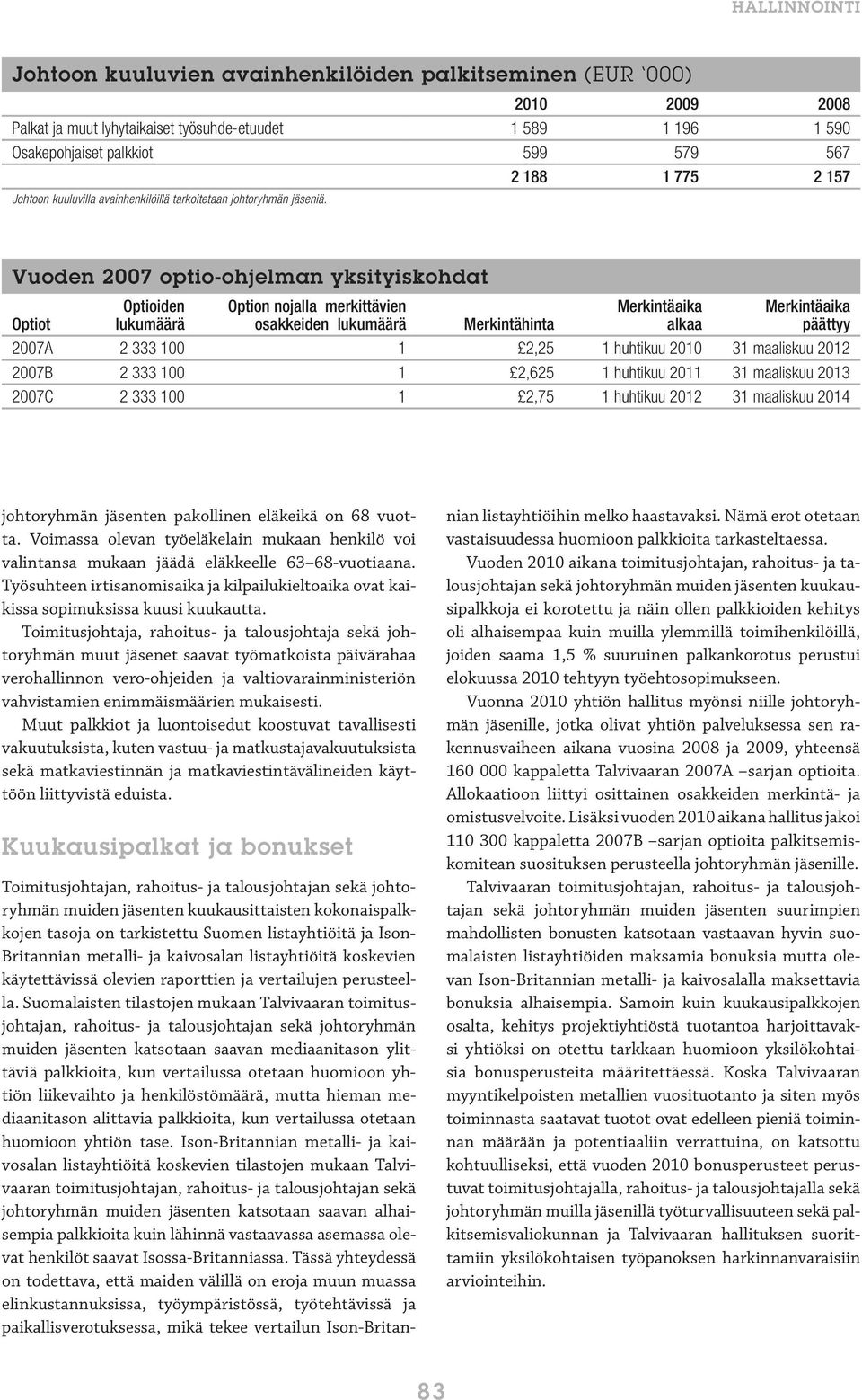 Vuoden 2007 optio-ohjelman yksityiskohdat Optiot Optioiden lukumäärä Option nojalla merkittävien osakkeiden lukumäärä Merkintähinta Merkintäaika alkaa Merkintäaika päättyy 2007A 2 333 100 1 2,25 1