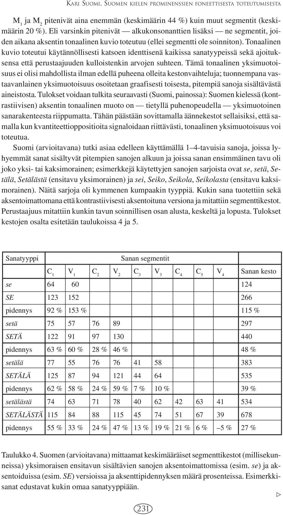 Tonaalinen kuvio toteutui käytännöllisesti katsoen identtisenä kaikissa sanatyypeissä sekä ajoituksensa että perustaajuuden kulloistenkin arvojen suhteen.