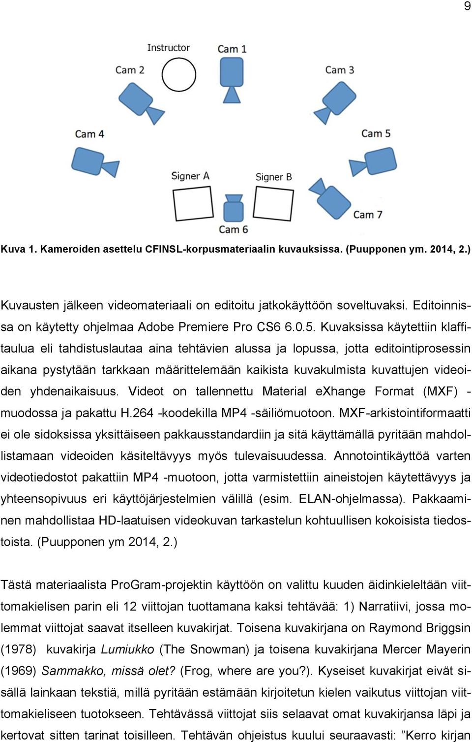 Kuvaksissa käytettiin klaffitaulua eli tahdistuslautaa aina tehtävien alussa ja lopussa, jotta editointiprosessin aikana pystytään tarkkaan määrittelemään kaikista kuvakulmista kuvattujen videoiden