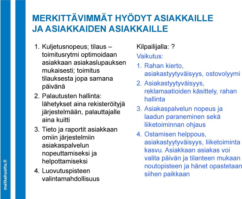 Luovutuspisteen valintamahdollisuus Kilpailijalla:? Vaikutus: 1. Rahan kierto, asiakastyytyväisyys, ostovolyymi 2. Asiakastyytyväisyys, reklamaatioiden käsittely, rahan hallinta 3.