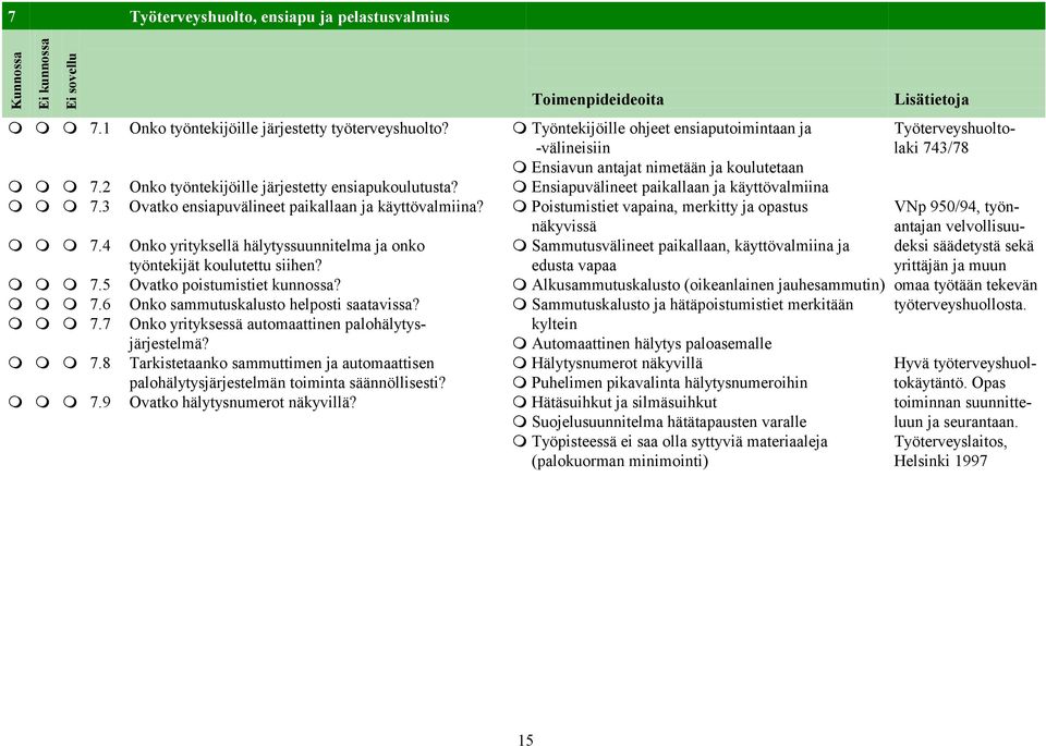 ⓿ Ensiapuvälineet paikallaan ja käyttövalmiina ⓿ ⓿ ⓿ 7.3 Ovatko ensiapuvälineet paikallaan ja käyttövalmiina?