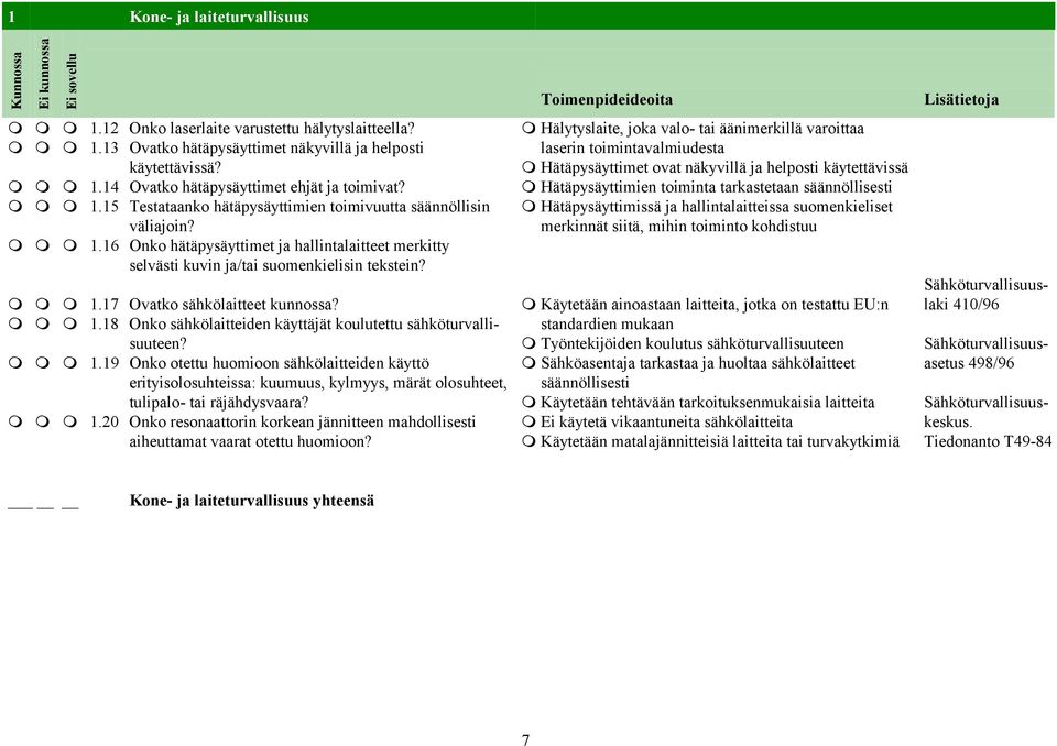 14 Ovatko hätäpysäyttimet ehjät ja toimivat? ⓿ Hätäpysäyttimien toiminta tarkastetaan säännöllisesti ⓿ ⓿ ⓿ 1.