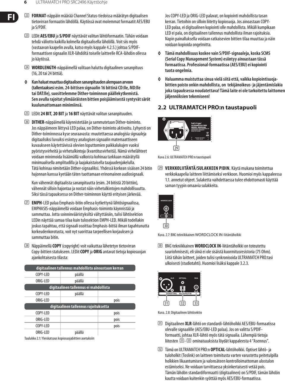 2.5.) johtaa S/PDIFformaattisen signaalin XLR-lähdöltä toiselle laitteelle RCA-lähdön ollessa jo käytössä. (24) WORDLENGTH-näppäimellä valitaan haluttu digitaalinen sananpituus (16, 20 tai 24 bittiä).