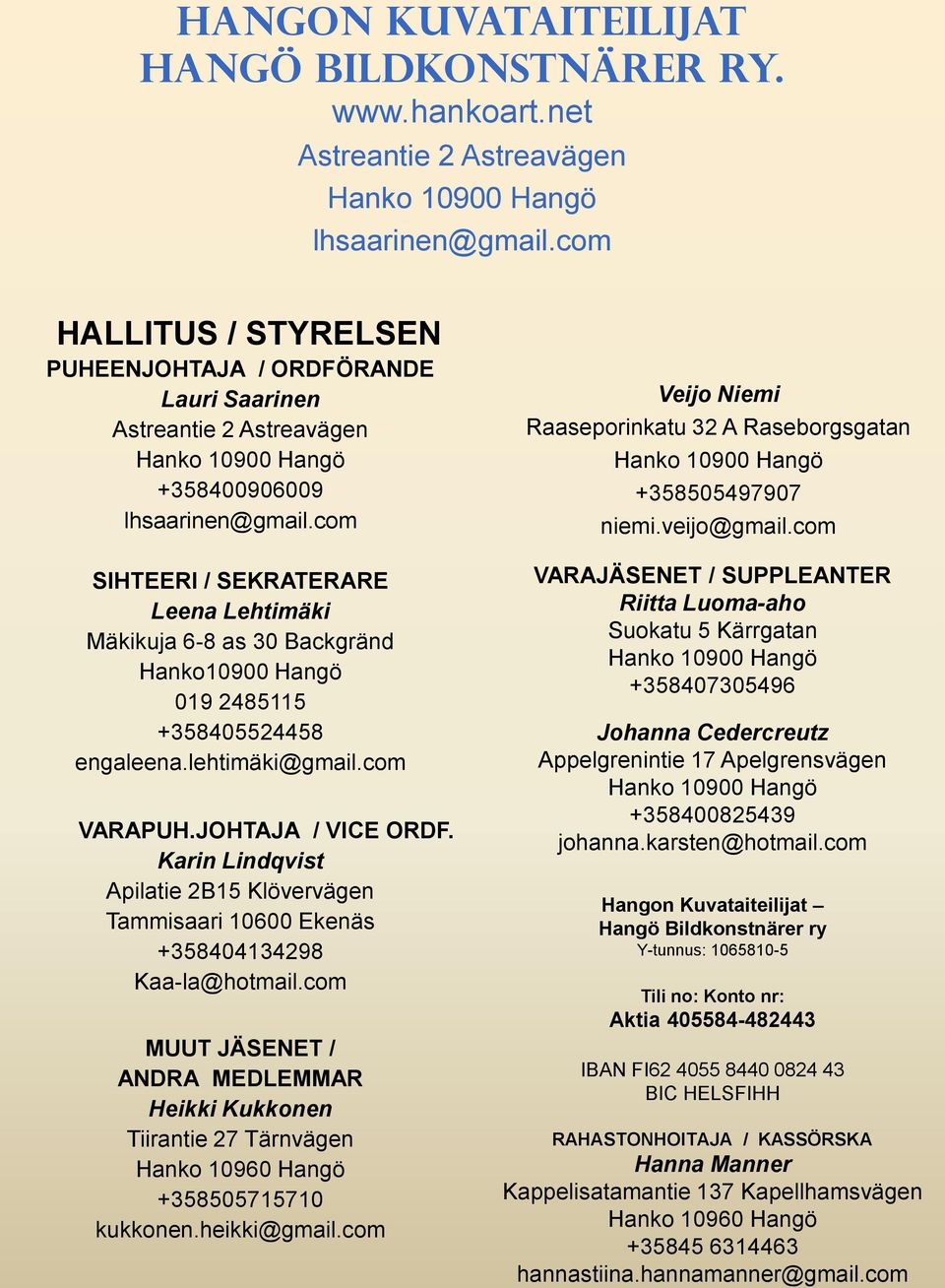 com SIHTEERI / SEKRATERARE Leena Lehtimäki Mäkikuja 6-8 as 30 Backgränd Hanko10900 Hangö 019 2485115 +358405524458 engaleena.lehtimäki@gmail.com VARAPUH.JOHTAJA / VICE ORDF.