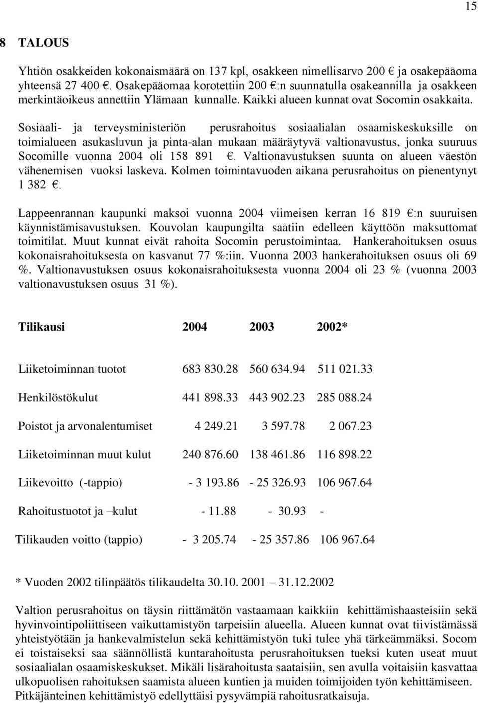 Sosiaali- ja terveysministeriön perusrahoitus sosiaalialan osaamiskeskuksille on toimialueen asukasluvun ja pinta-alan mukaan määräytyvä valtionavustus, jonka suuruus Socomille vuonna 2004 oli 158