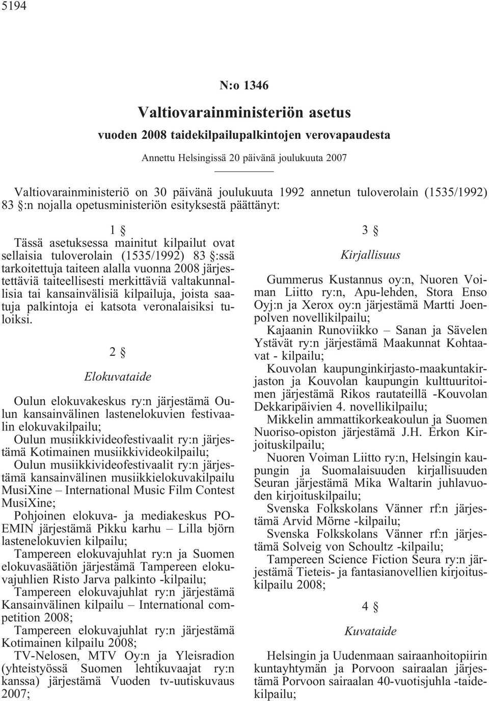 alalla vuonna 2008 järjestettäviä taiteellisesti merkittäviä valtakunnallisia tai kansainvälisiä kilpailuja, joista saatuja palkintoja ei katsota veronalaisiksi tuloiksi.