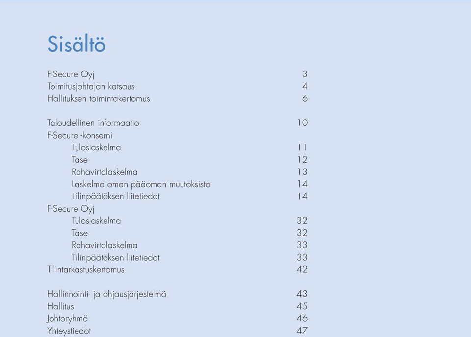 Tilinpäätöksen liitetiedot 14 F-Secure Oyj Tuloslaskelma 32 Tase 32 Rahavirtalaskelma 33 Tilinpäätöksen