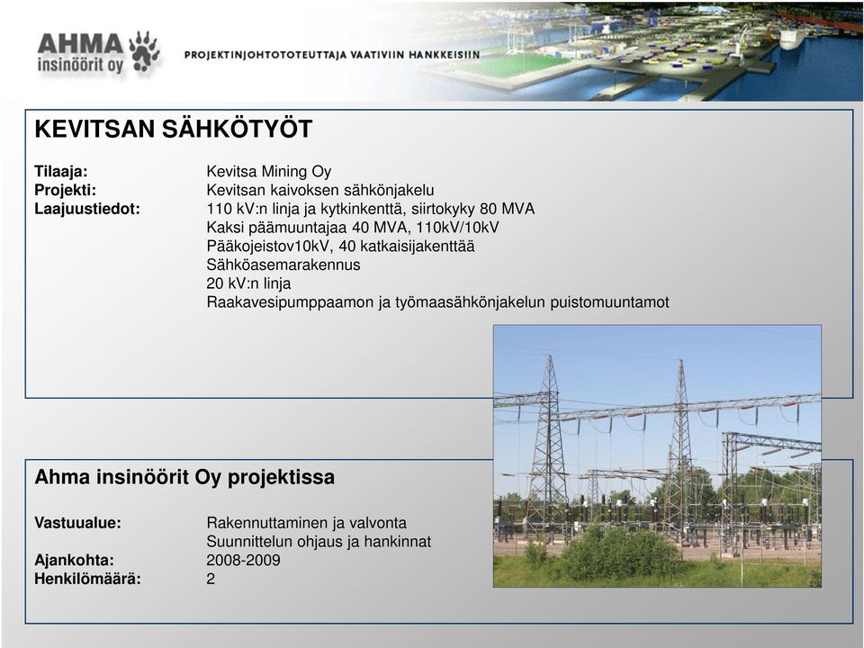 katkaisijakenttää Sähköasemarakennus 20 kv:n linja Raakavesipumppaamon ja työmaasähkönjakelun puistomuuntamot Ahma