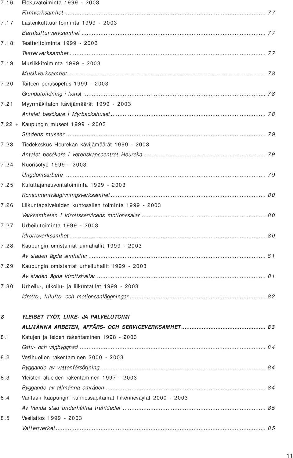 .. 79 7.23 Tiedekeskus Heurekan kävijämäärät 1999-2003 Antalet besökare i vetenskapscentret Heureka... 79 7.24 Nuorisotyö 1999-2003 Ungdomsarbete... 79 7.25 Kuluttajaneuvontatoiminta 1999-2003 Konsumentrådgivningsverksamhet.