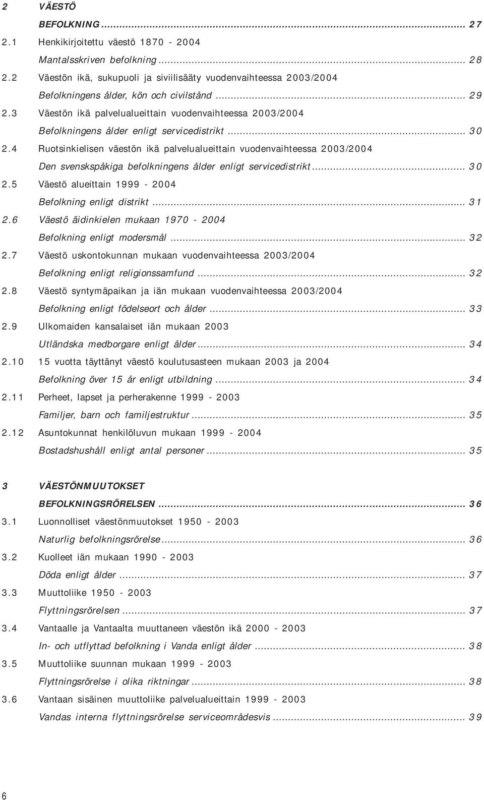 3 Väestön ikä palvelualueittain vuodenvaihteessa 2003/2004 Befolkningens ålder enligt servicedistrikt... 30 2.