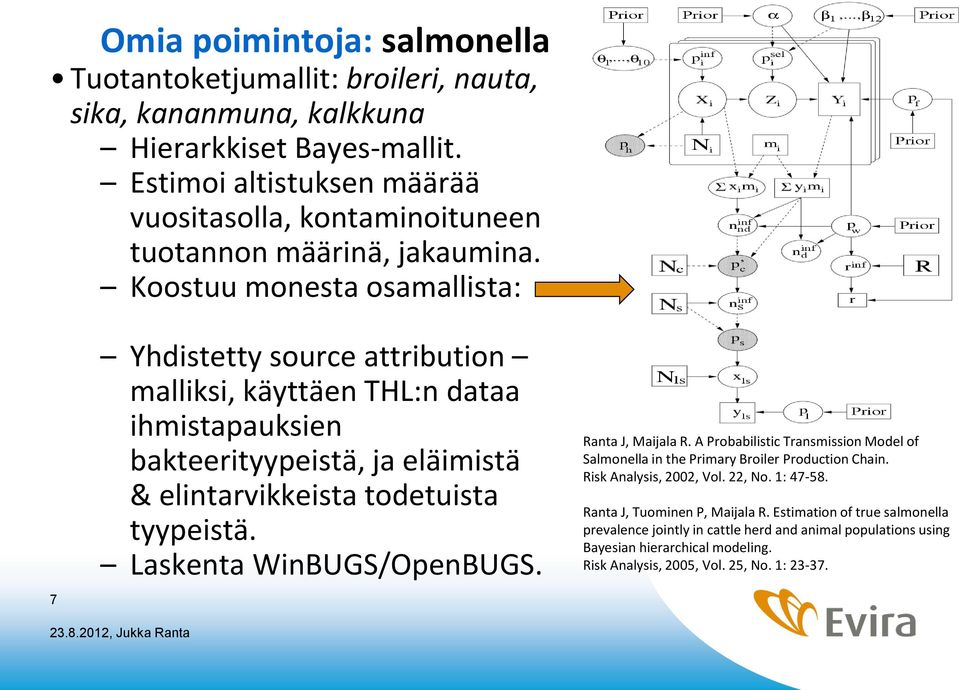 Koostuu monesta osamallista: 7 Yhdistetty source attribution malliksi, käyttäen THL:n dataa ihmistapauksien bakteerityypeistä, ja eläimistä & elintarvikkeista todetuista tyypeistä.