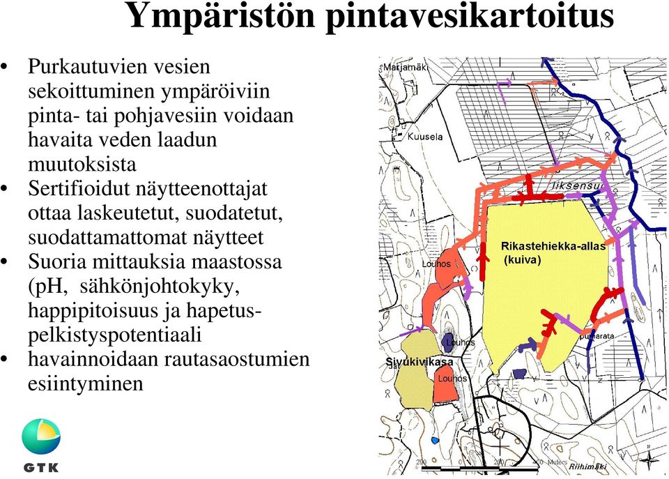 laskeutetut, suodatetut, suodattamattomat näytteet Suoria mittauksia maastossa (ph,