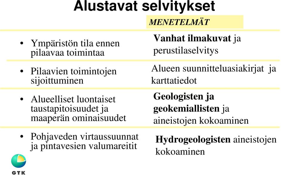 pintavesien valumareitit MENETELMÄT Vanhat ilmakuvat ja perustilaselvitys Alueen suunnitteluasiakirjat