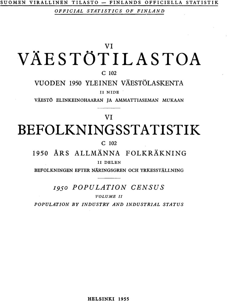 MUKAAN VI BEFOLKNINGSSTATISTIK C 0 0 ÅRS ALLMÄNNA FOLKRÄKNING II DELEN BEFOLKNINGEN EFTER