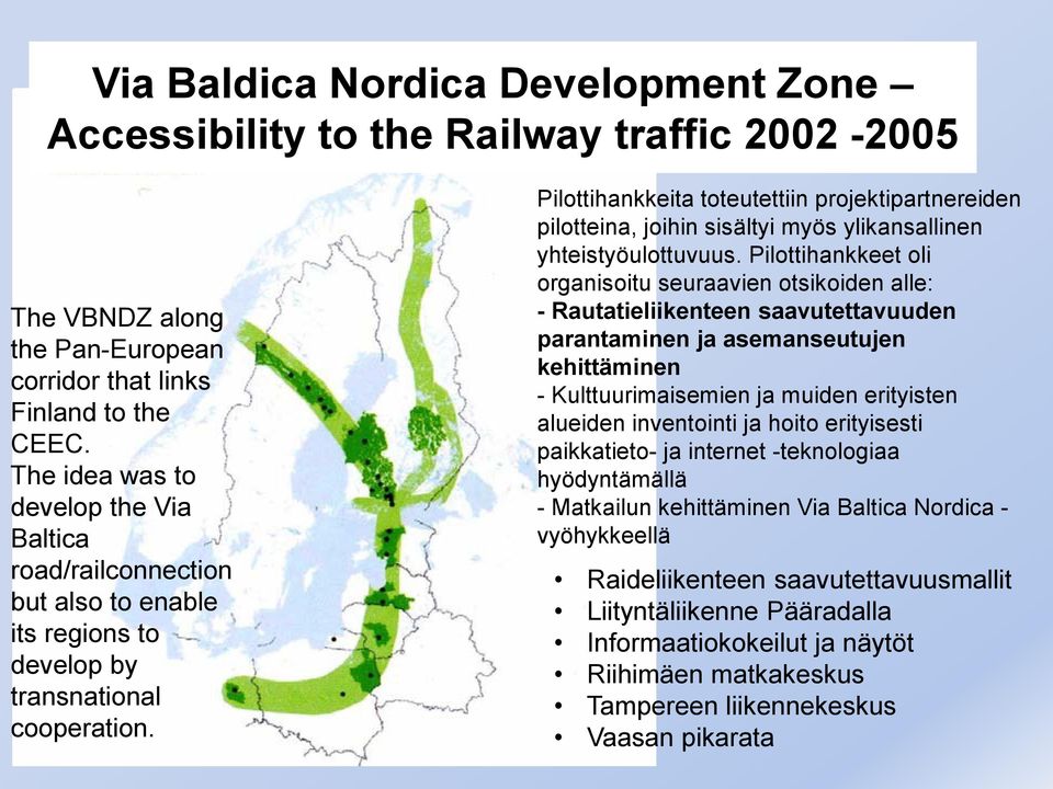 Pilottihankkeita toteutettiin projektipartnereiden pilotteina, joihin sisältyi myös ylikansallinen yhteistyöulottuvuus.