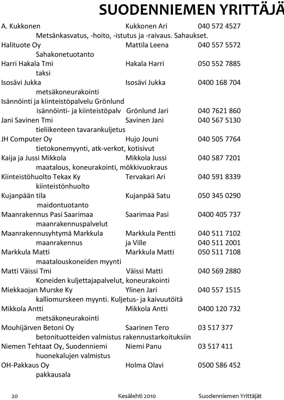 Grönlund isännöinti- ja kiinteistöpalv Grönlund Jari 040 7621 860 Jani Savinen Tmi Savinen Jani 040 567 5130 tieliikenteen tavarankuljetus JH Computer Oy Hujo Jouni 040 505 7764 tietokonemyynti,