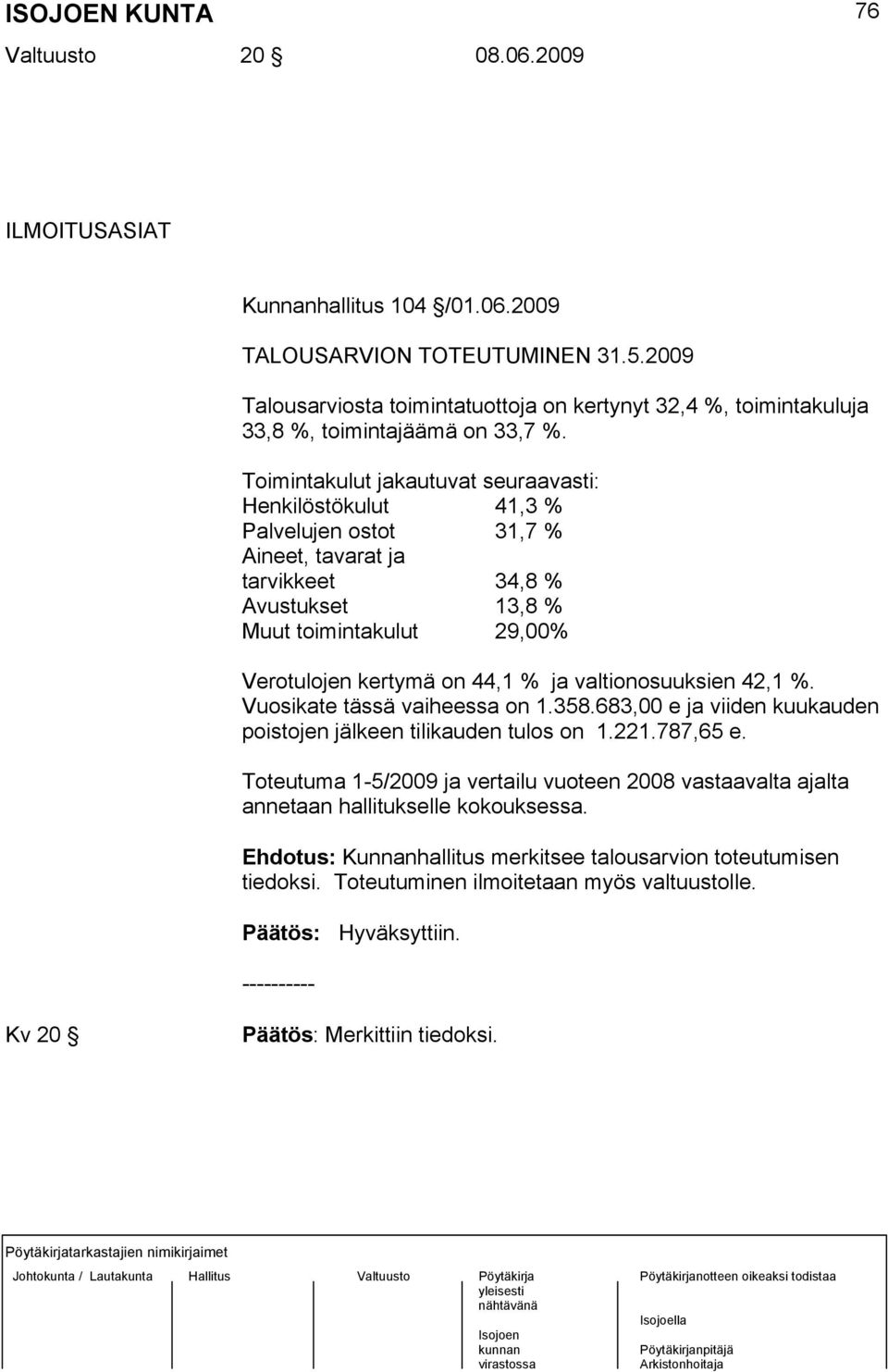 Toimintakulut jakautuvat seuraavasti: Henkilöstökulut 41,3 % Palvelujen ostot 31,7 % Aineet, tavarat ja tarvikkeet 34,8 % Avustukset 13,8 % Muut toimintakulut 29,00% Verotulojen kertymä on 44,1 % ja