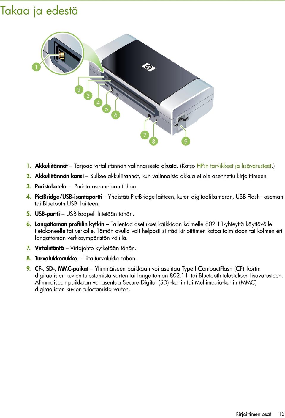 PictBridge/USB-isäntäportti Yhdistää PictBridge-laitteen, kuten digitaalikameran, USB Flash aseman tai Bluetooth USB -laitteen. 5. USB-portti USB-kaapeli liitetään tähän. 6.