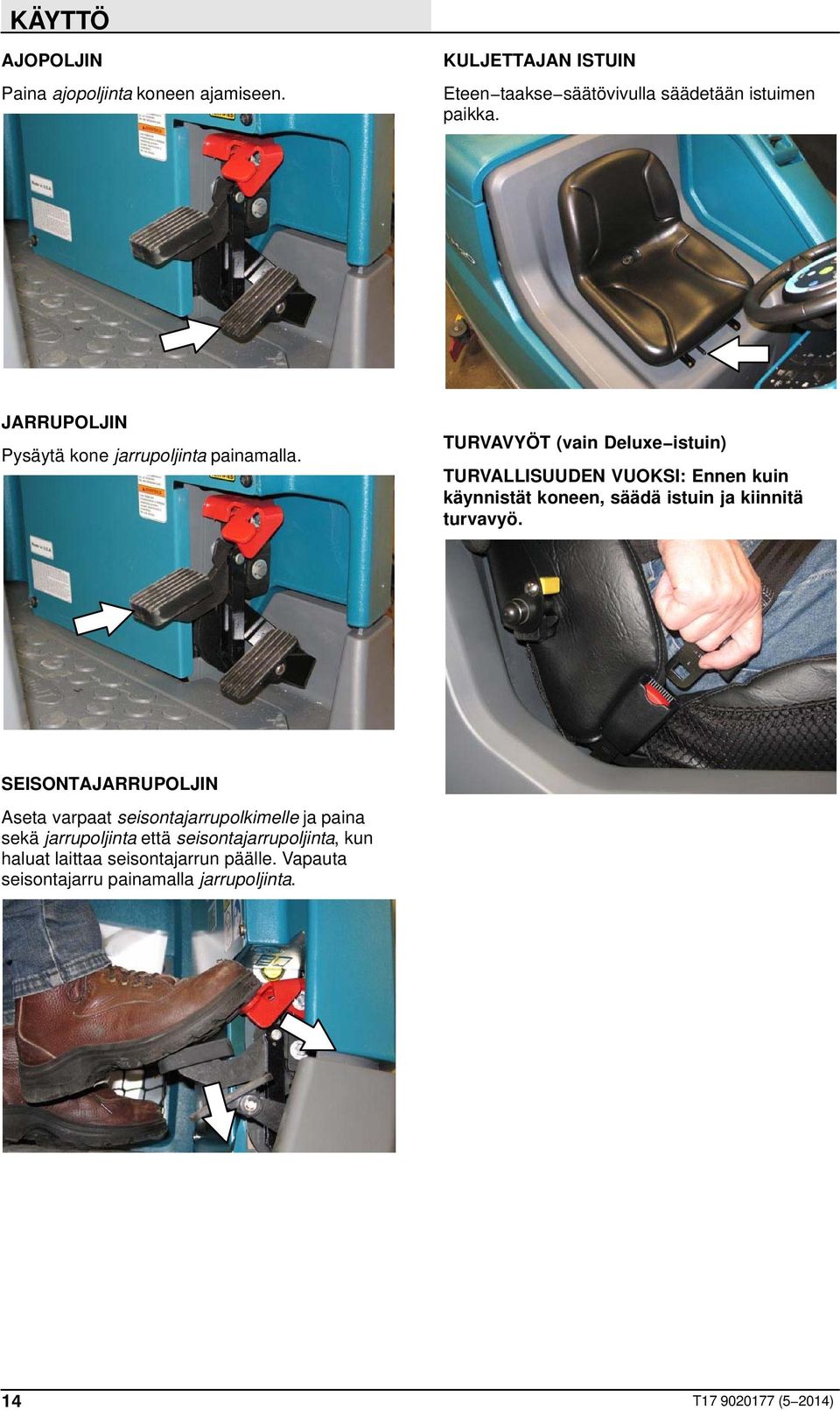 TURVAVYÖT (vain Deluxe istuin) TURVALLISUUDEN VUOKSI: Ennen kuin käynnistät koneen, säädä istuin ja kiinnitä turvavyö.