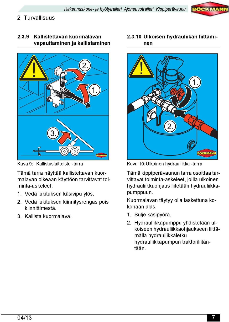 10 Ulkoisen hydrauliikan liittäminen Kuva 9: Kallistuslaitteisto -tarra Tämä tarra näyttää kallistettavan kuormalavan oikeaan käyttöön tarvittavat toiminta-askeleet: 1. Vedä lukituksen käsivipu ylös.