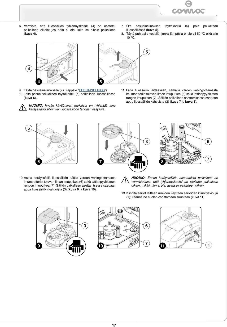 kappale PESUAINELIUOS ). 0. Laita pesuaineliuoksen täyttökorkki (5) paikalleen liuossäiliössä (kuva 6).