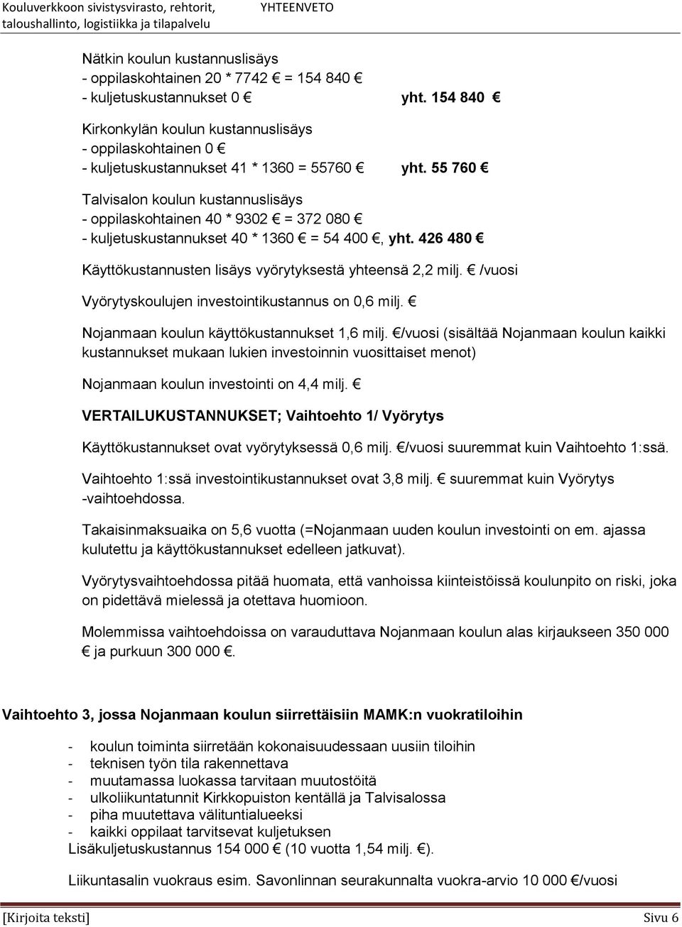 55 760 Talvisalon koulun kustannuslisäys - oppilaskohtainen 40 * 9302 = 372 080 - kuljetuskustannukset 40 * 1360 = 54 400, yht. 426 480 Käyttökustannusten lisäys vyörytyksestä yhteensä 2,2 milj.