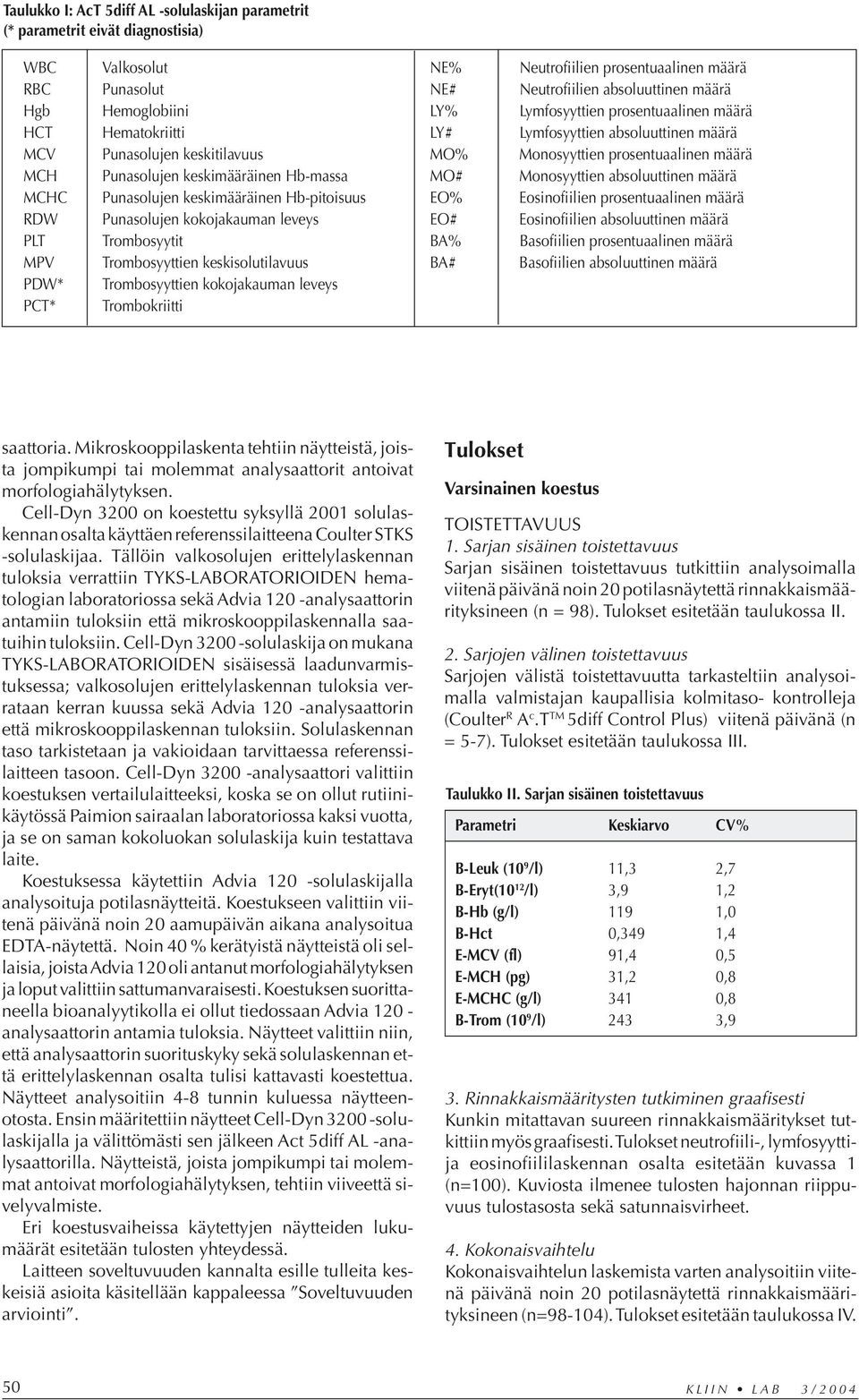 keskimääräinen Hb-massa MO# Monosyyttien absoluuttinen määrä MCHC Punasolujen keskimääräinen Hb-pitoisuus EO% Eosinofiilien prosentuaalinen määrä RDW Punasolujen kokojakauman leveys EO# Eosinofiilien