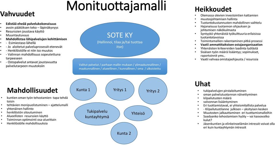 (Hallinnoi, tilaa ja/tai tuottaa itse) Valitut palvelut / parhaan mallin mukaan / ylimaakunnallinen / maakunnallinen / alueellinen / kunnallinen / oma / ulkoistettu Heikkoudet Olemassa olevien