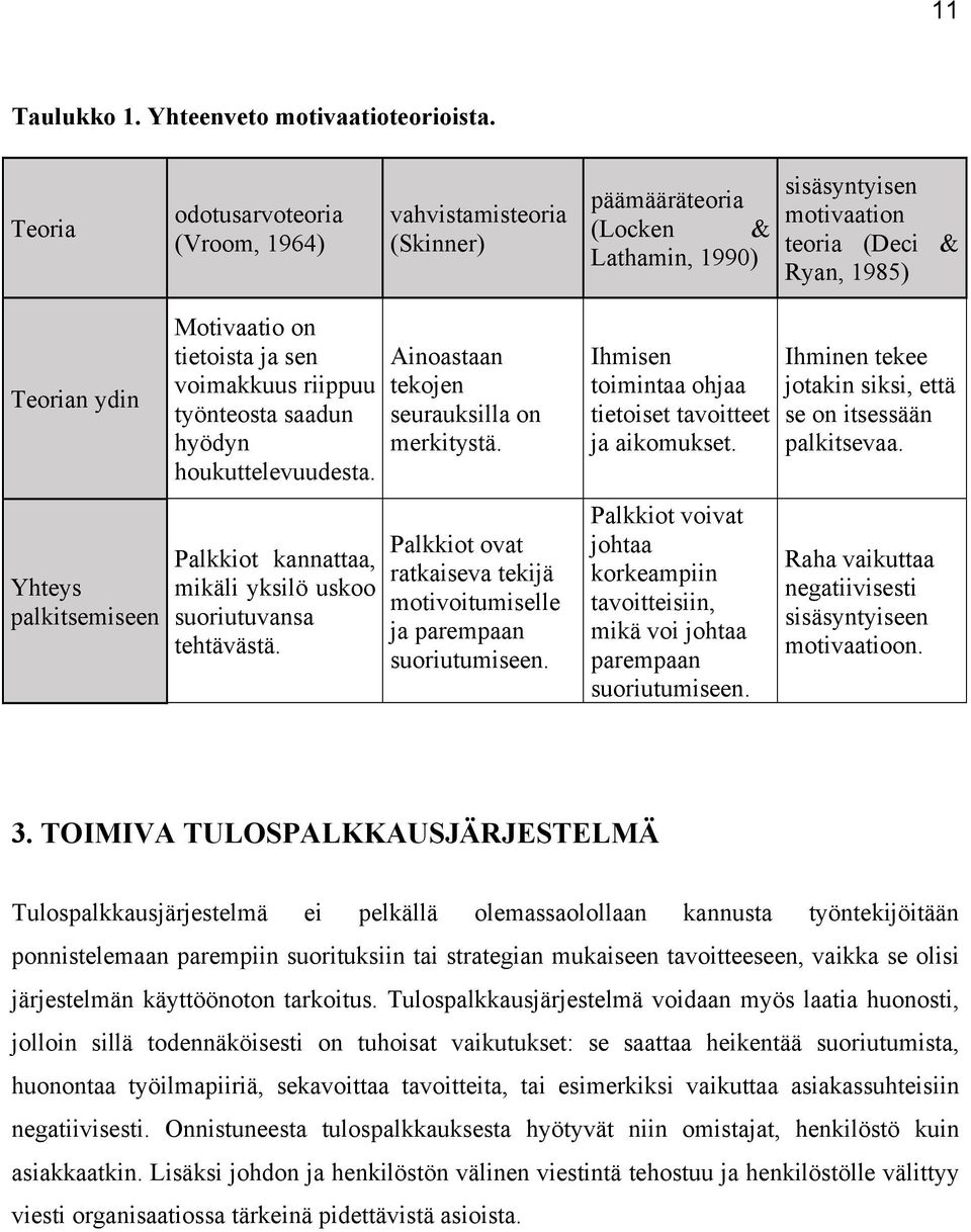 Motivaatio on tietoista ja sen voimakkuus riippuu työnteosta saadun hyödyn houkuttelevuudesta. Palkkiot kannattaa, mikäli yksilö uskoo suoriutuvansa tehtävästä.