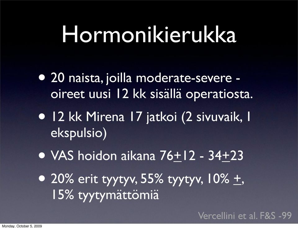 12 kk Mirena 17 jatkoi (2 sivuvaik, 1 ekspulsio) VAS hoidon