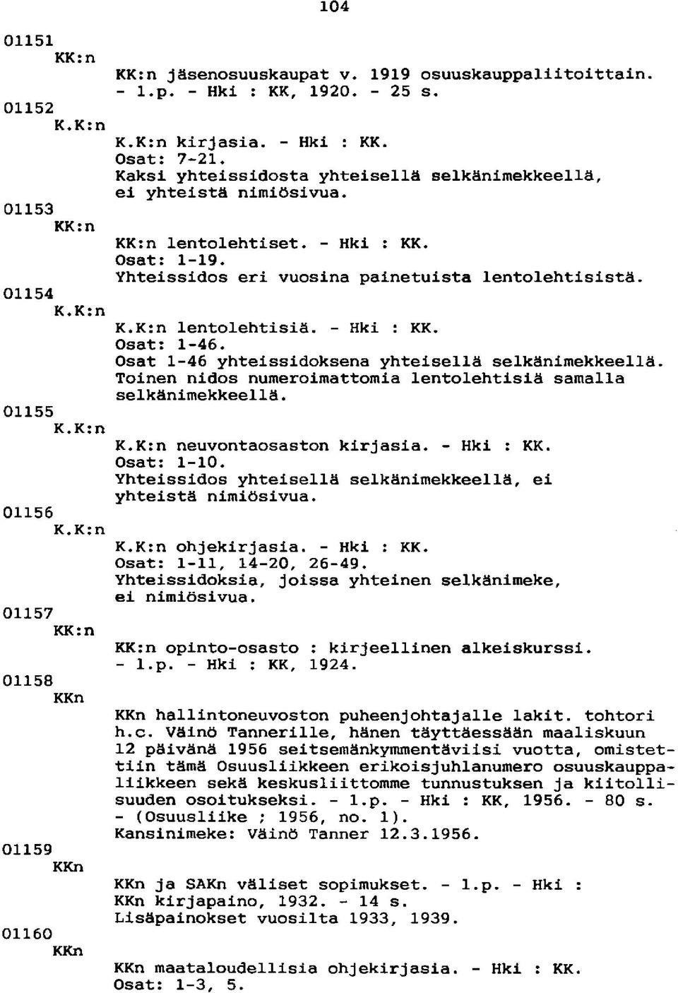 - Hki : KK. Osat: 1-46. Osat 1-46 yhteissidoksena yhteisellä selkänimekkeellä. Toinen nidos numeroimattomia lentolehtisiä samalla selkänimekkeellä. 01155 K.K: K.K:n neuvontaosaston kirjasia.