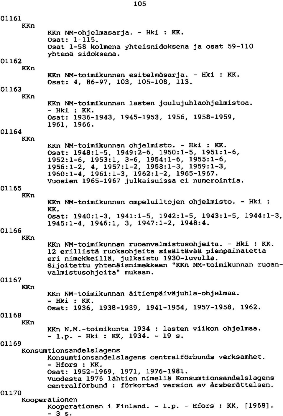 Osat: 1936-1943, 1945-1953, 1956, 1958-1959, 1961, 1966. KKn NM-toimikunnan ohjelmisto. - Hki : KK.