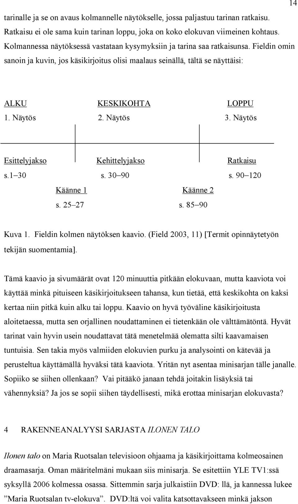 Näytös 3. Näytös Esittelyjakso Kehittelyjakso Ratkaisu s.1 30 s. 30 90 s. 90 120 Käänne 1 Käänne 2 s. 25 27 s. 85 90 Kuva 1. Fieldin kolmen näytöksen kaavio.