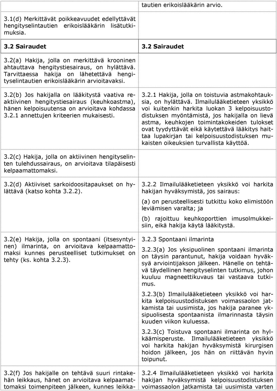 2.1 annettujen kriteerien mukaisesti. 3.2.1 Hakija, jolla on toistuvia astmakohtauksia, on hylättävä.