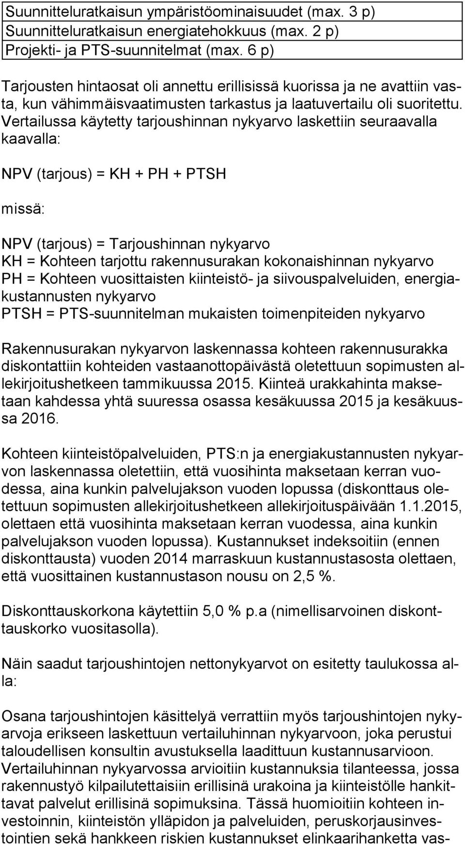 Vertailussa käytetty tarjoushinnan nykyarvo laskettiin seuraavalla kaa val la: NPV (tarjous) = KH + PH + PTSH missä: NPV (tarjous) = Tarjoushinnan nykyarvo KH = Kohteen tarjottu rakennusurakan