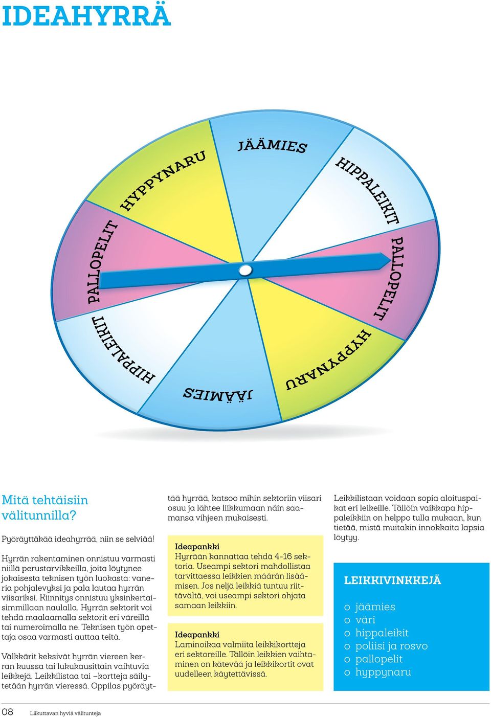 Kiinnitys onnistuu yksinkertaisimmillaan naulalla. Hyrrän sektorit voi tehdä maalaamalla sektorit eri väreillä tai numeroimalla ne. Teknisen työn opettaja osaa varmasti auttaa teitä.