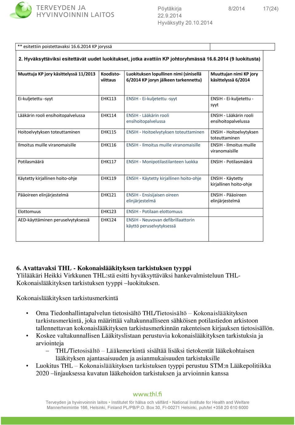 lopullinen nimi (sinisellä 6/2014 KP joryn jälkeen tarkennettu) Muuttujan nimi KP jory käsittelyssä 6/2014 Ei-kuljetettu -syyt EHK113 ENSIH - Ei-kuljetettu -syyt ENSIH - Ei-kuljetettu - syyt Lääkärin