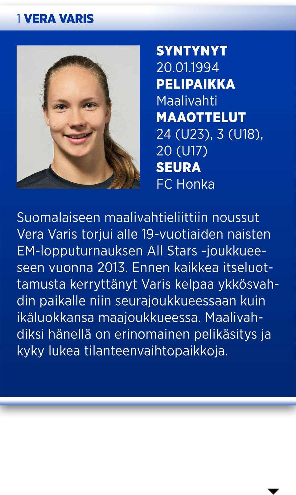 noussut Vera Varis torjui alle 19-vuotiaiden naisten EM-lopputurnauksen All Stars -joukkueeseen vuonna 2013.