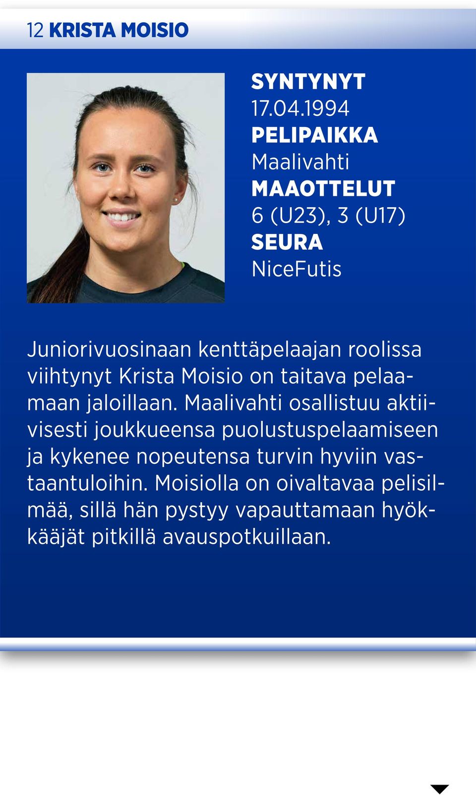 roolissa viihtynyt Krista Moisio on taitava pelaamaan jaloillaan.