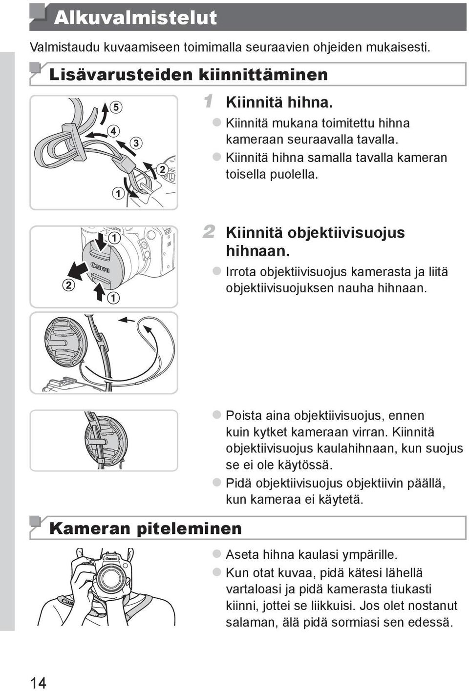 Kameran piteleminen zpoista aina objektiivisuojus, ennen kuin kytket kameraan virran. Kiinnitä objektiivisuojus kaulahihnaan, kun suojus se ei ole käytössä.