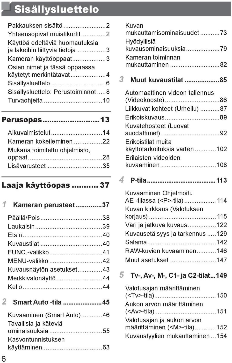 ..22 Mukana toimitettu ohjelmisto, oppaat...28 Lisävarusteet...35 Laaja käyttöopas... 37 1 Kameran perusteet...37 Päällä/Pois...38 Laukaisin...39 Etsin...40 Kuvaustilat...40 FUNC.-valikko.