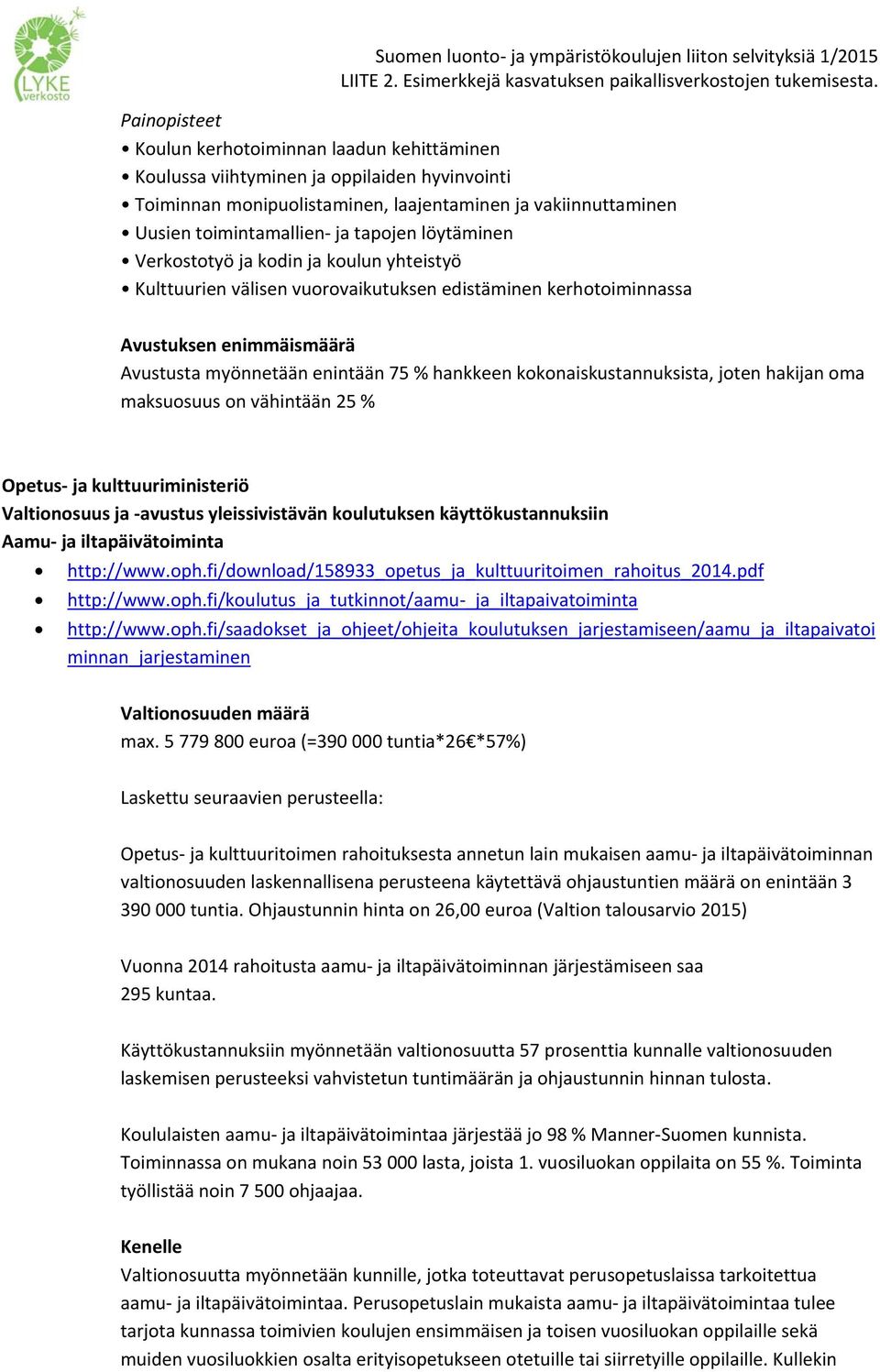 kokonaiskustannuksista, joten hakijan oma maksuosuus on vähintään 25 % Opetus ja kulttuuriministeriö Valtionosuus ja avustus yleissivistävän koulutuksen käyttökustannuksiin Aamu ja iltapäivätoiminta