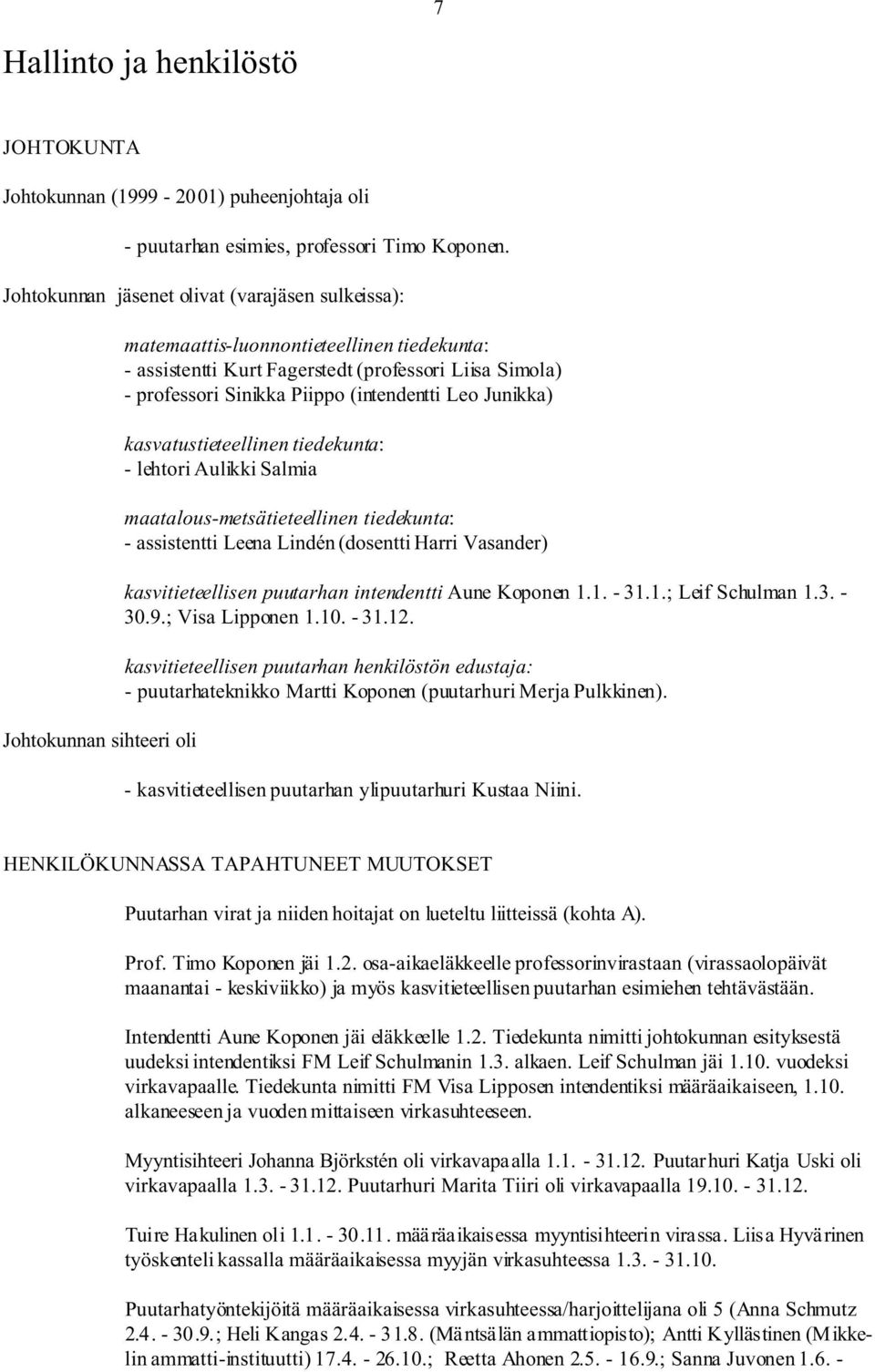 Piippo (intendentti Leo Junikka) kasvatustieteellinen tiedekunta: - lehtori Aulikki almia maatalous-metsätieteellinen tiedekunta: - assistentti Leena Lindén (dosentti Harri Vasander)