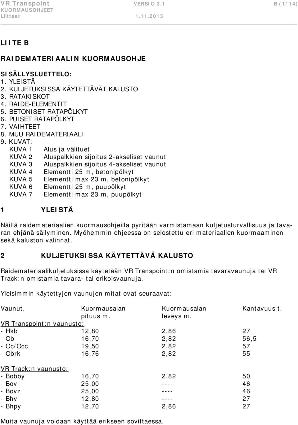 KUVAT: KUVA 1 Alus ja välituet KUVA 2 Aluspalkkien sijoitus 2-akseliset vaunut KUVA 3 Aluspalkkien sijoitus 4-akseliset vaunut KUVA 4 Elementti 25 m, betonipölkyt KUVA 5 Elementti max 23 m,